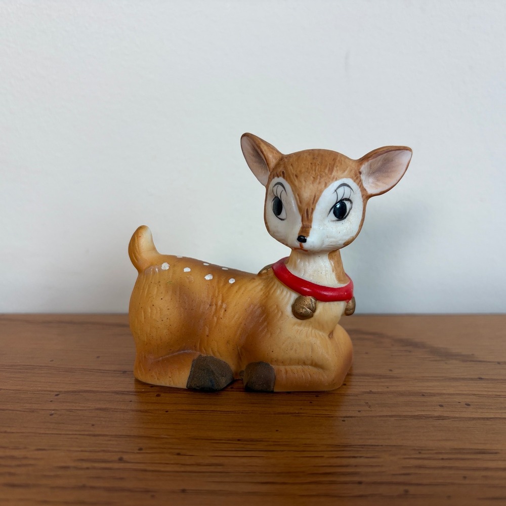 Vintage Homco Ceramic Deer Figurine Fawn with Red Collar and Bells